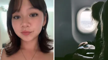 woman exposes flight passenger (l) passengers in plane next to each other (r)