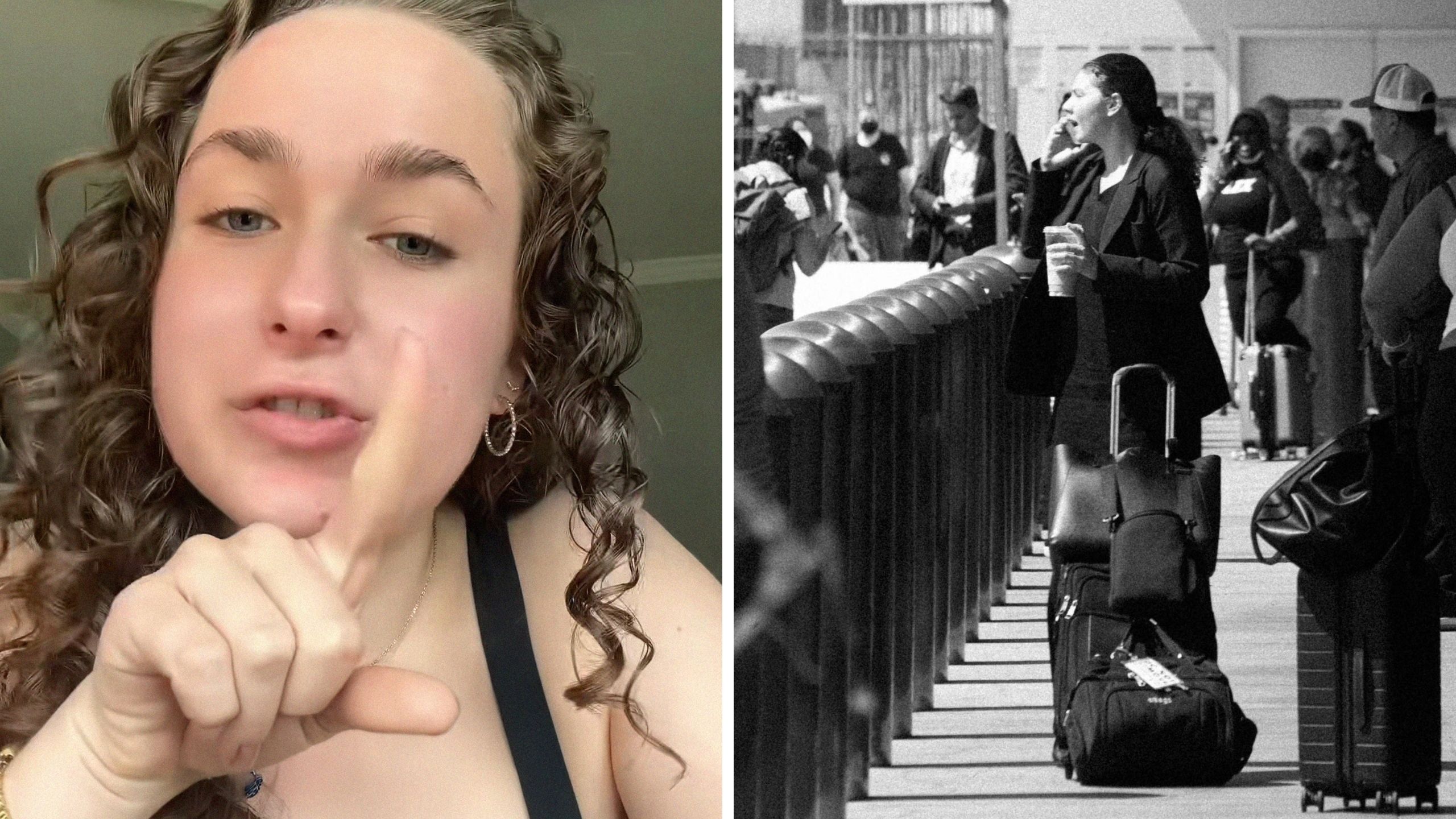 woman shares co-workers story (l) traveling woman at airport (r)