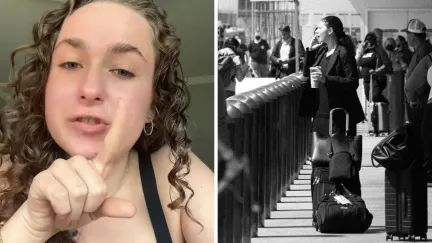 woman shares co-workers story (l) traveling woman at airport (r)