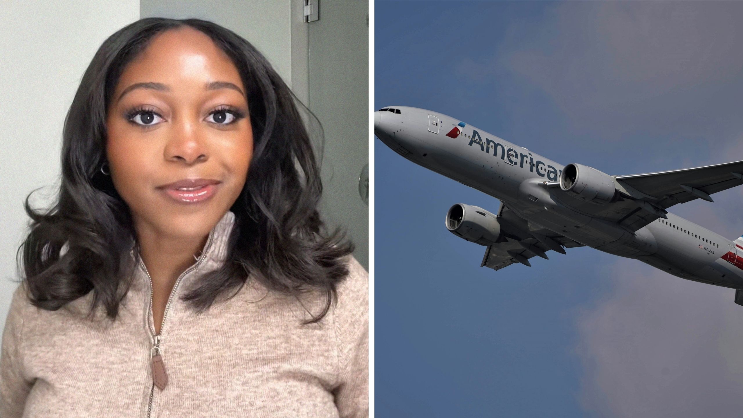 woman shares american airlines experience (l) American airlines aircraft (r)