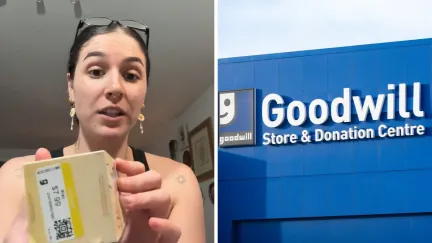 woman shares shopping purchase (l) Goodwill storefront (r)