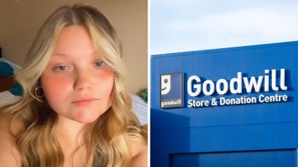 woman shares store encounter (l) Goodwill storefront (r)