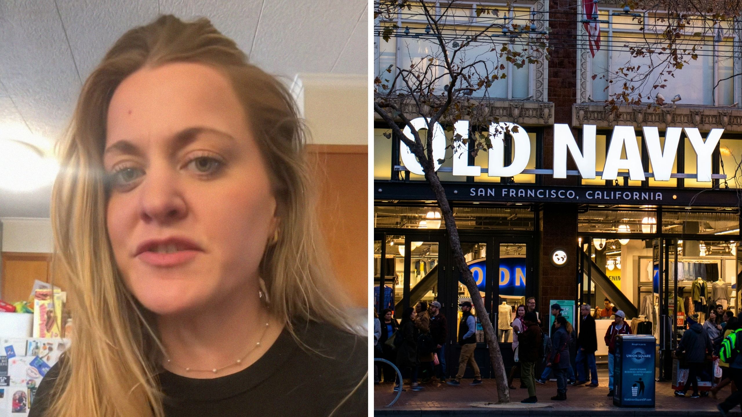 woman shares purchase issue (l) Old Navy storefront (r)