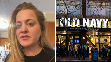 woman shares purchase issue (l) Old Navy storefront (r)