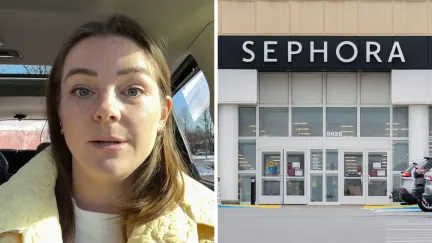 woman shares sephora experience (l) Sephora storefront (r)