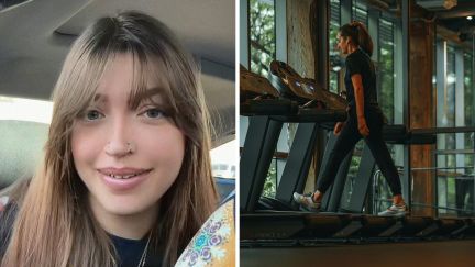 woman shares gym issue (l) Woman gets on treadmill (r)