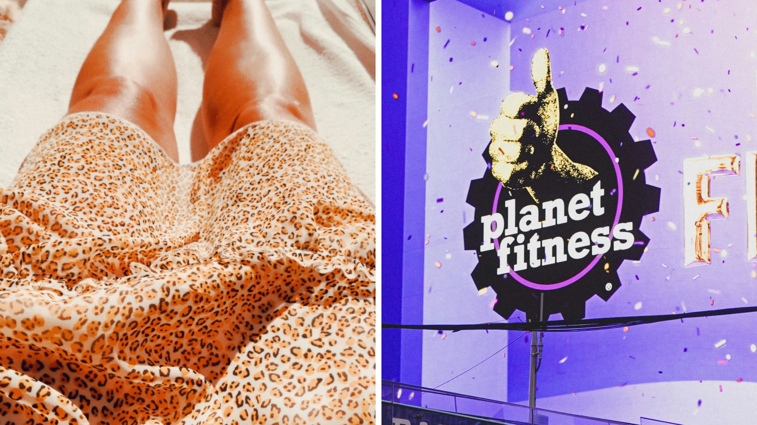 woman getting a tan (l) Planet fitness entrance (r)