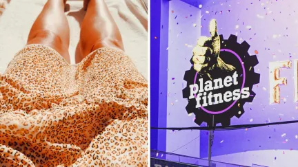 woman getting a tan (l) Planet fitness entrance (r)