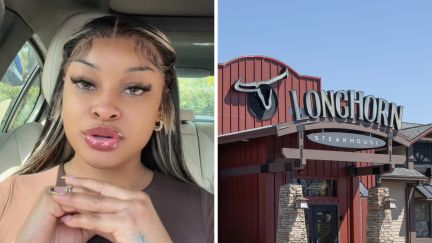 woman shares solo date experience (l) Longhorn steakhouse front door (r)