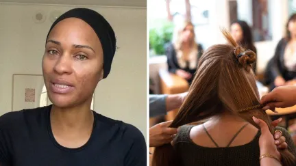 woman shares salon issue (l) woman getting her hair done at new salon (r)