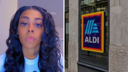 woman shares grocery shopping experience (l) Aldi storefront (r)