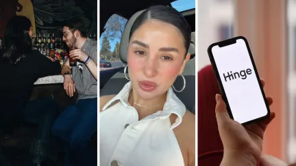 couple at a bar (l) woman shares awkward date experience (c) hinge app (r)