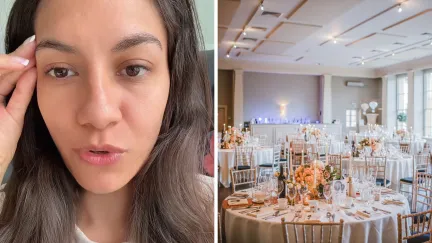 woman shares wedding guests turn out (l) wedding reception area (r)