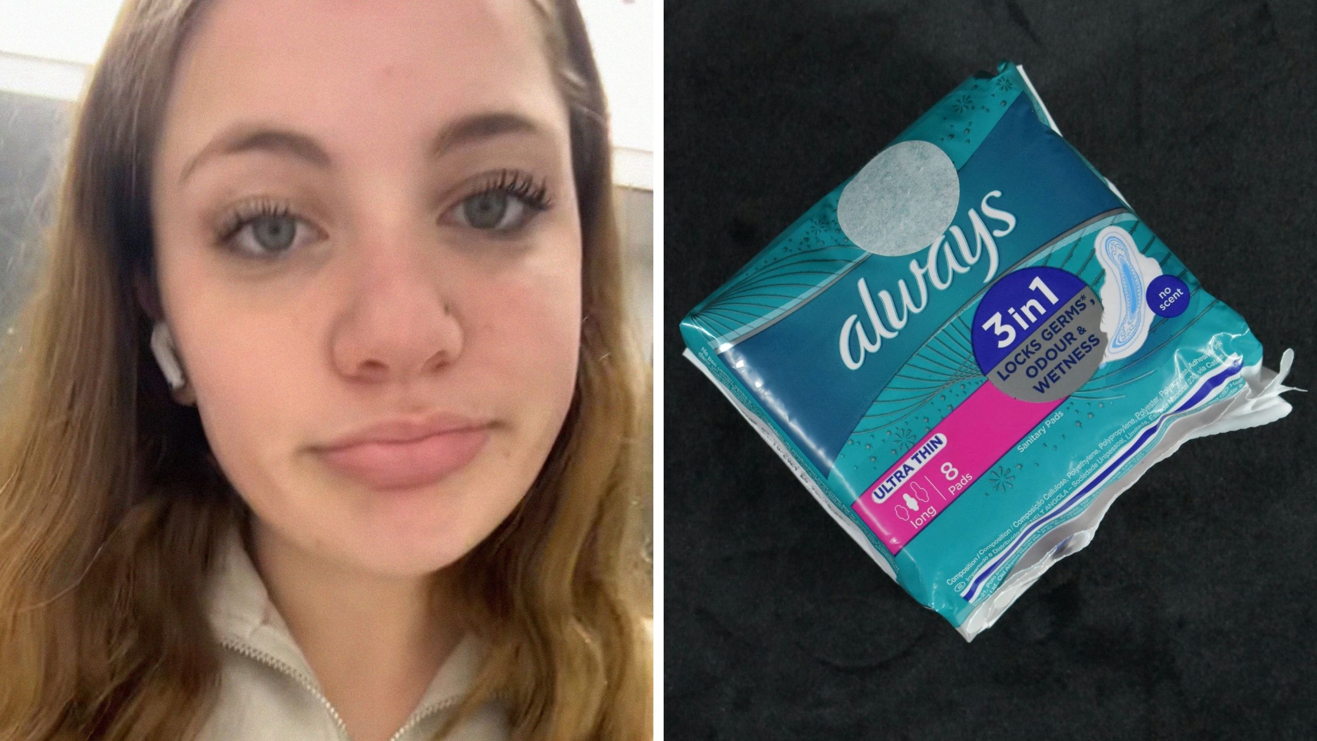 woman shares pad PSA (l) Always brand pads (r)