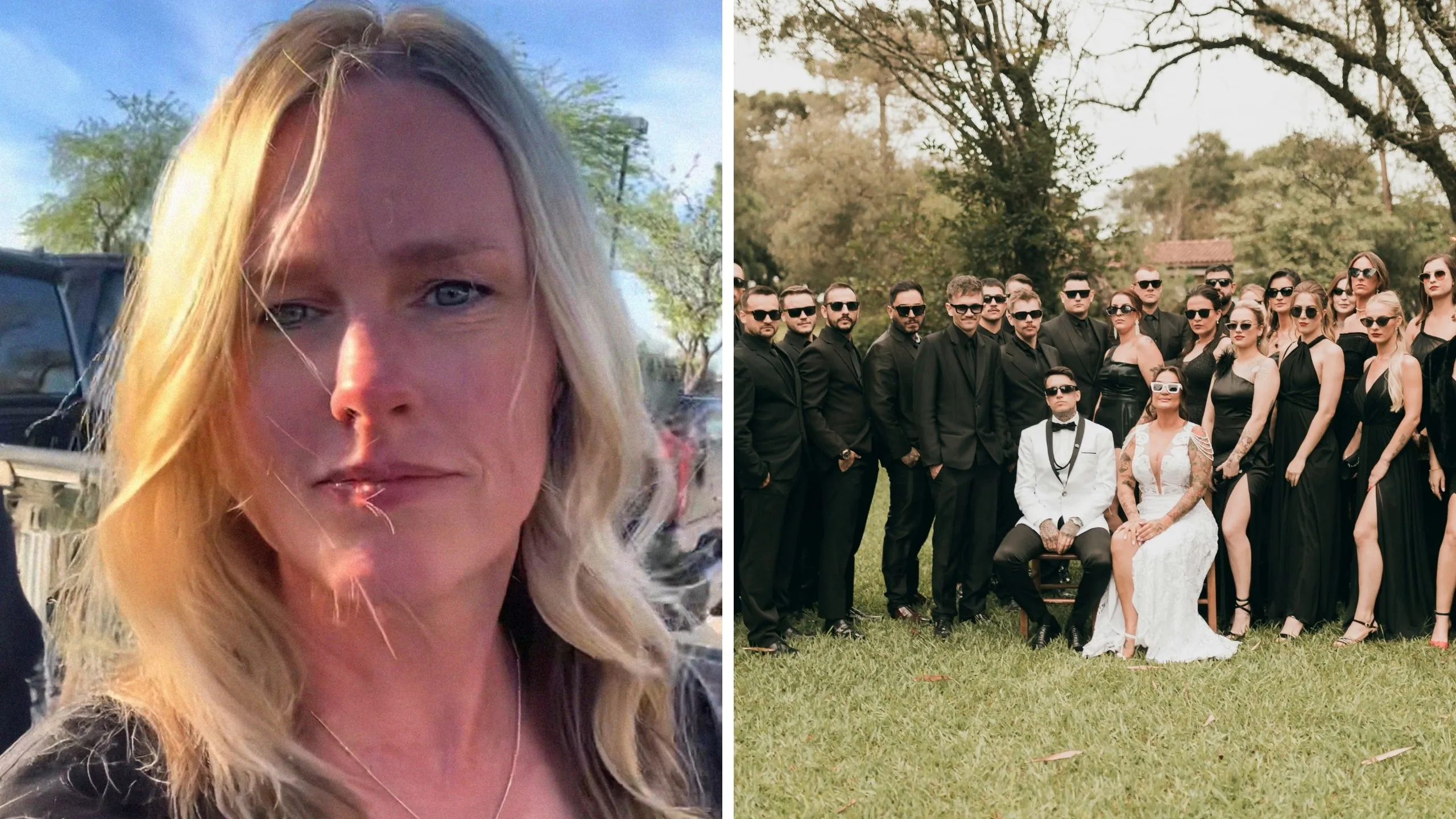 woman shares wedding outfit issue (l) black-tie wedding (r)