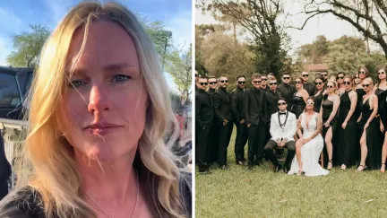 woman shares wedding outfit issue (l) black-tie wedding (r)