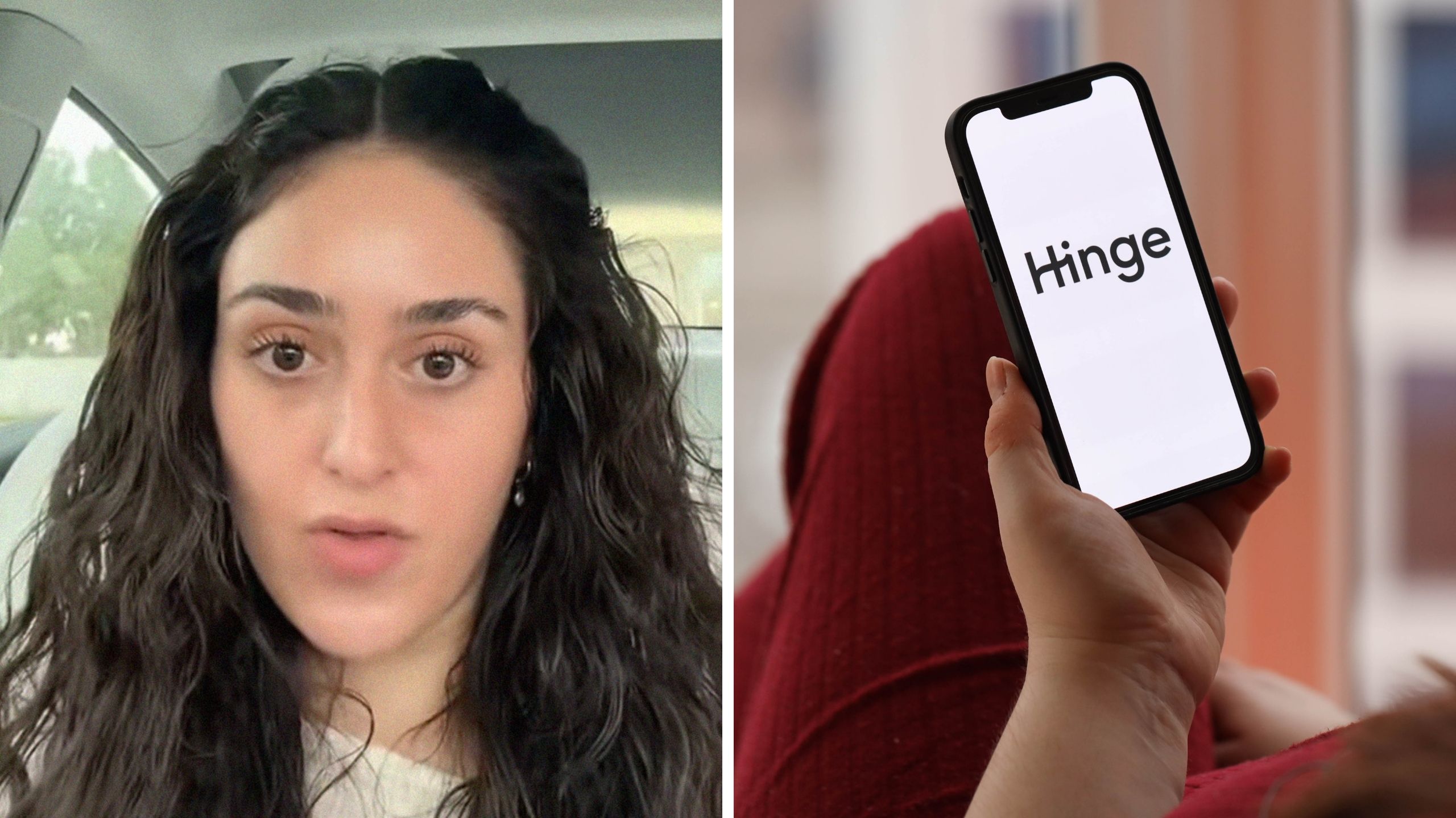 woman shares hinge match experience (l) woman on hinge app (r)