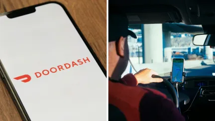 girl orders doordash (l) doordash delivery on the go (r)