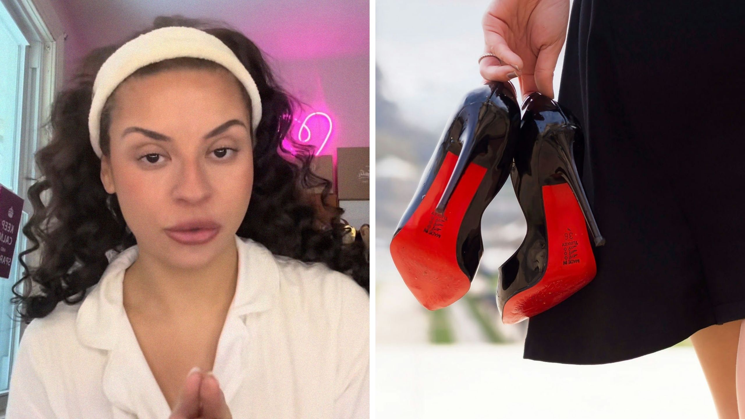 woman shows off shoe order (l) woman holding Louboutins (r)