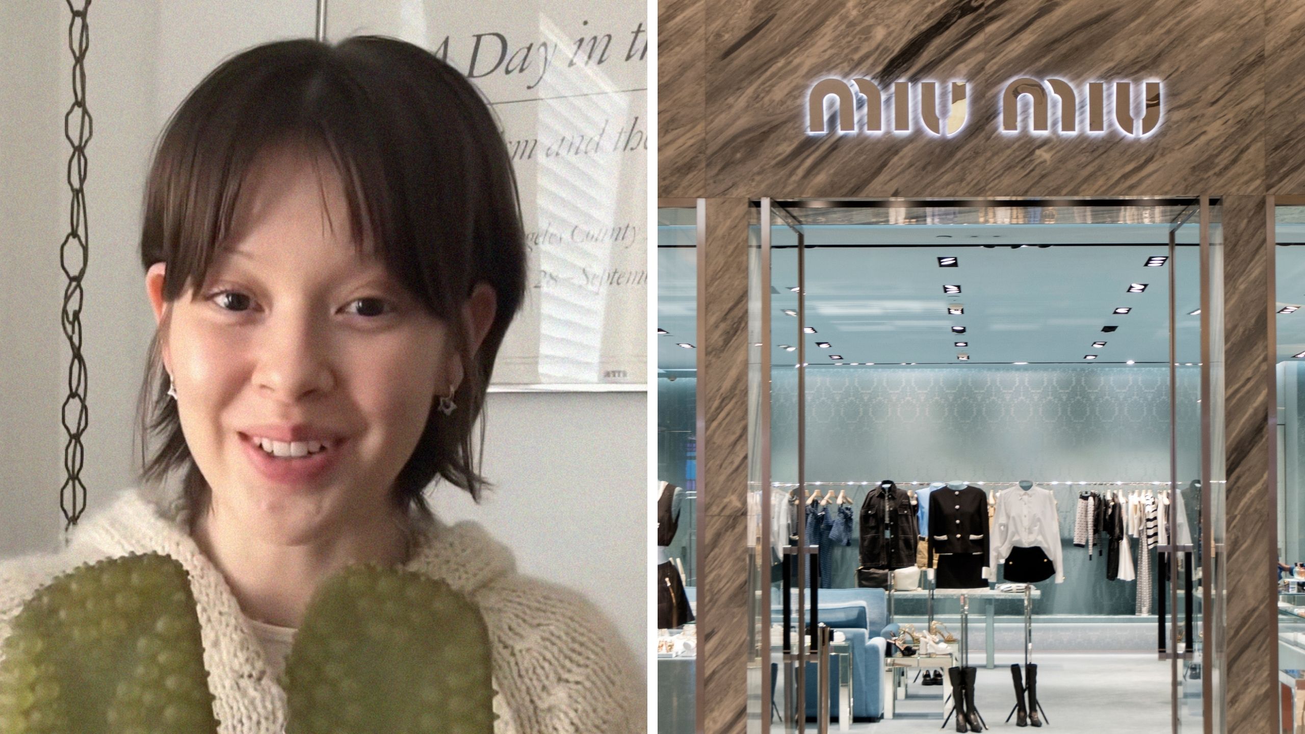 woman shares purchase issue (l) Miu Miu storefront (r)