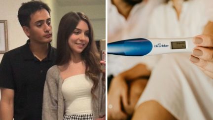woman shares they are expecting (l) Pregnancy test (r)
