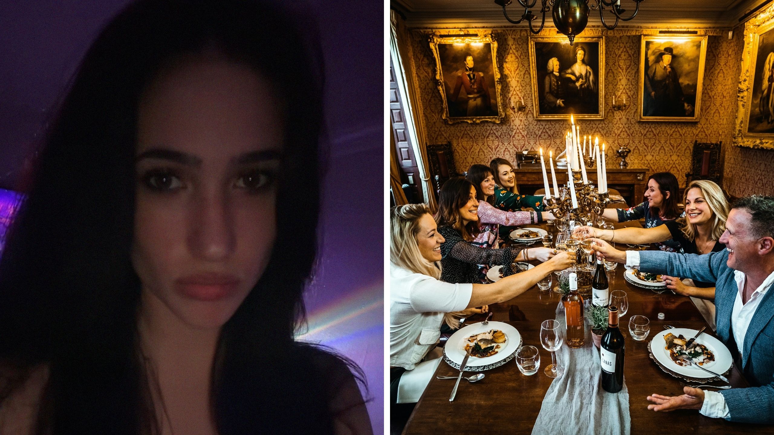 woman shares conversation she overheard (l) family having dinner (r)