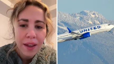 woman shares flight experience (l) United airlines aircraft (r)