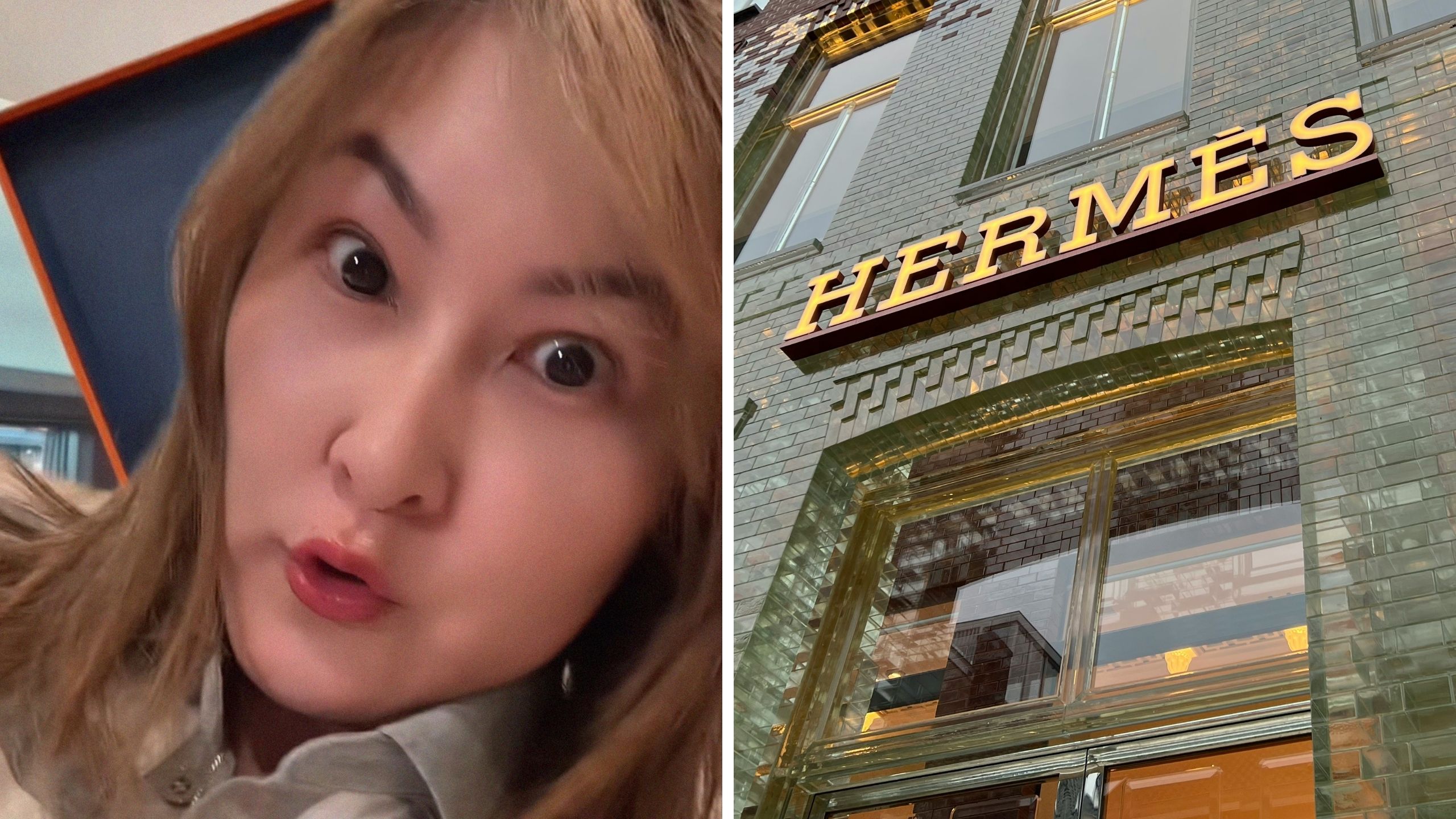 woman comments on influencers bag (l) Hermes brand (r)