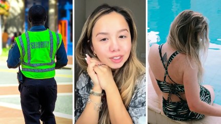 security guy (l) woman shares pool issue (c) woman by pool area (r)