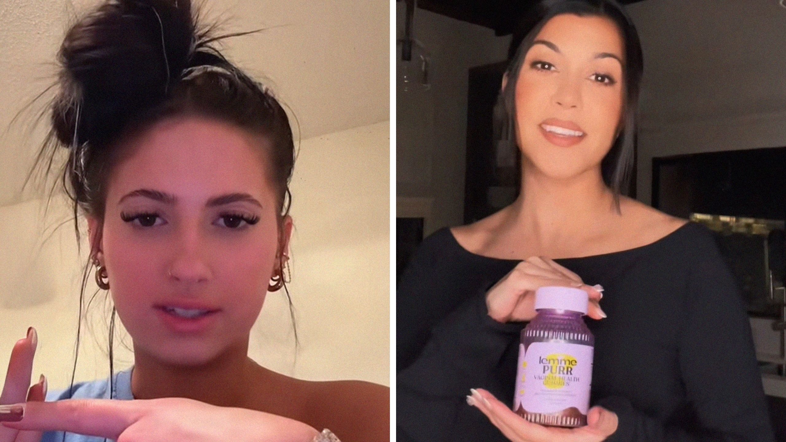 woman shares supplement consequence (l) Kourtney Kardashian and her lemme purr supplements (r)