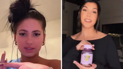 woman shares supplement consequence (l) Kourtney Kardashian and her lemme purr supplements (r)
