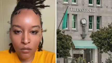 woman shares Tiffany & Co. experience (l) Tiffany & Co. storefront (r)