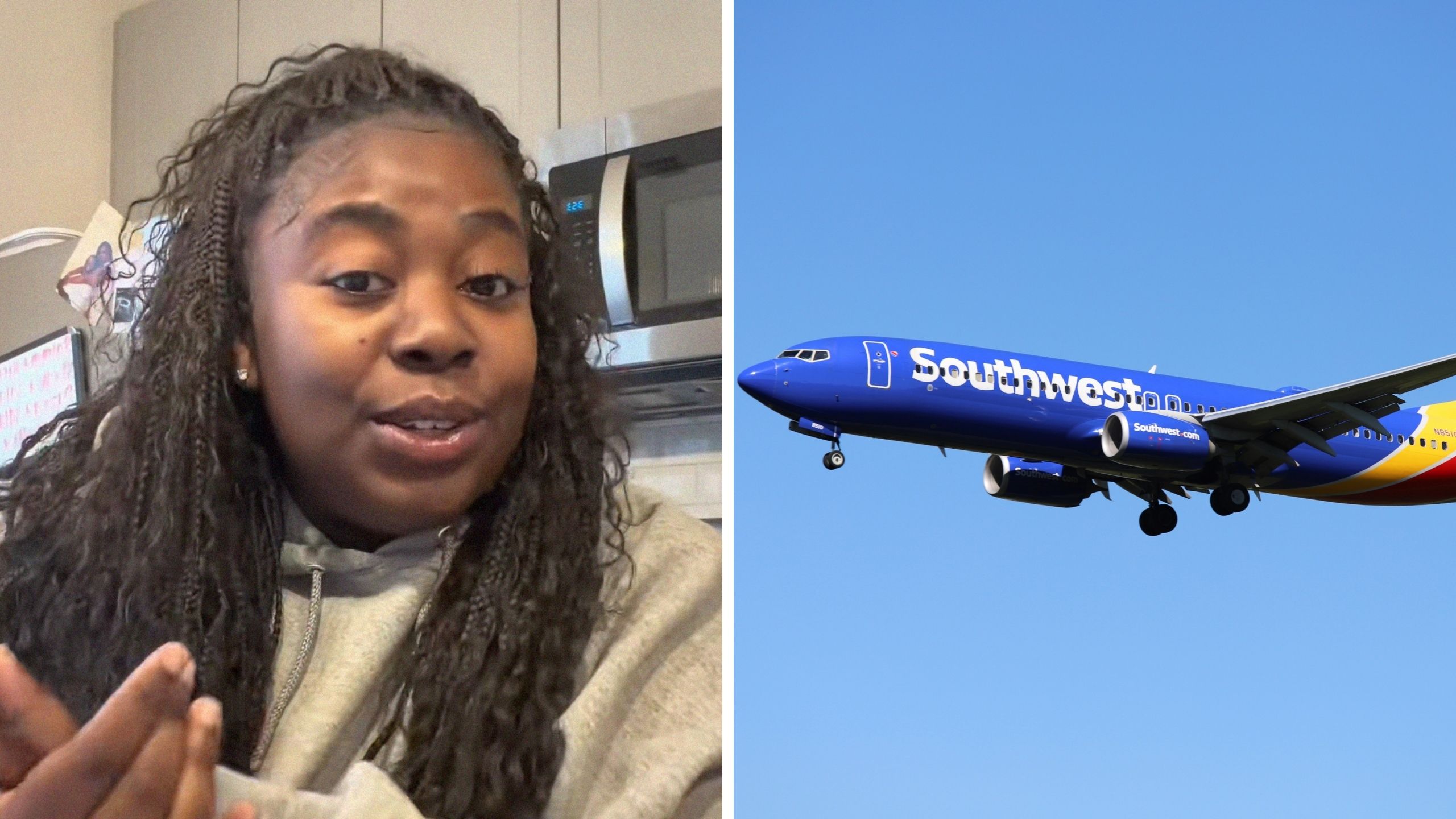 woman shares southwest airlines issue (l) Southwest airlines aircraft (r)