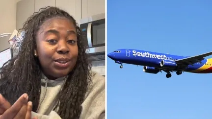woman shares southwest airlines issue (l) Southwest airlines aircraft (r)