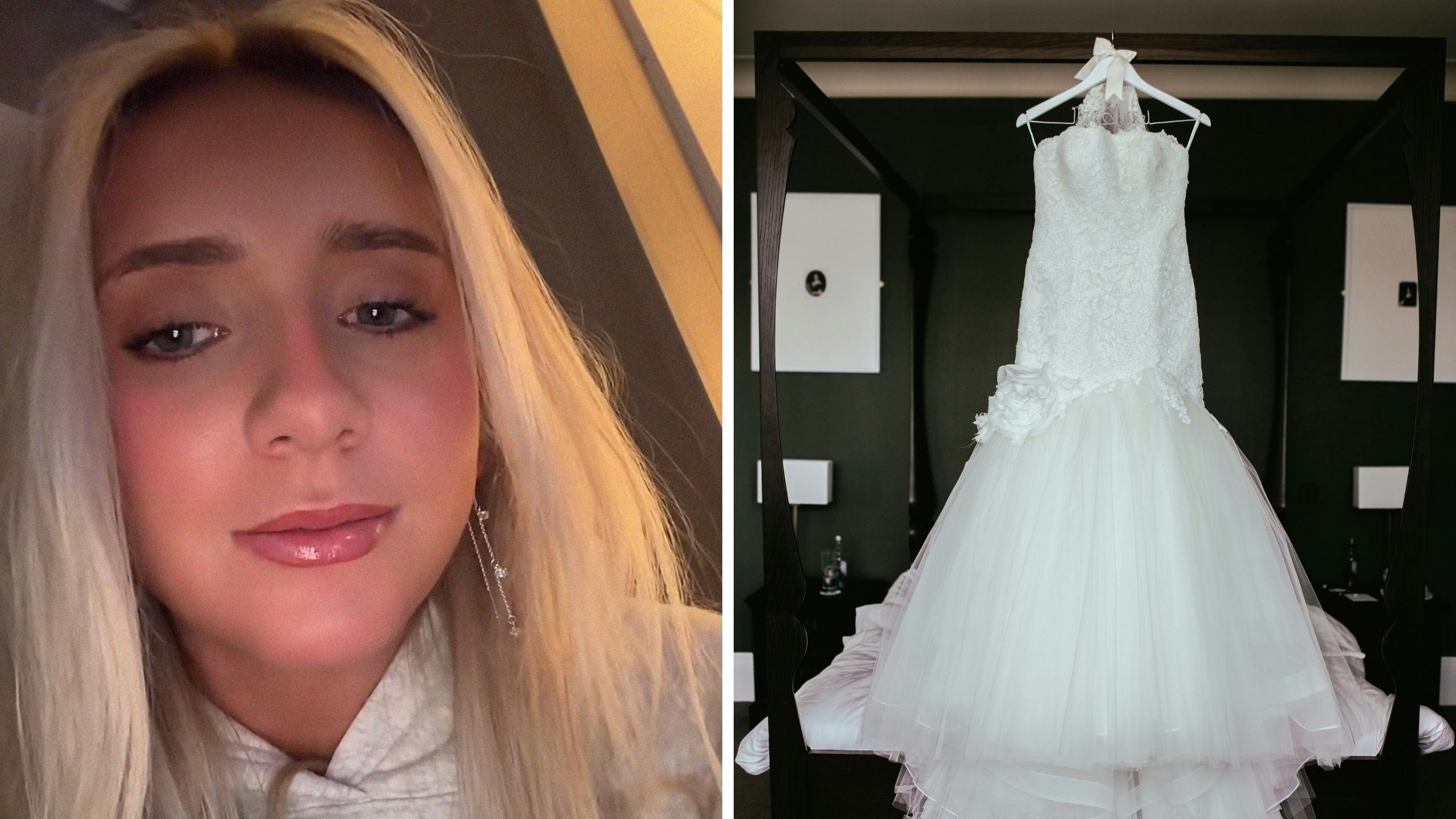 woman shares dress transformation (l) wedding gown (r)