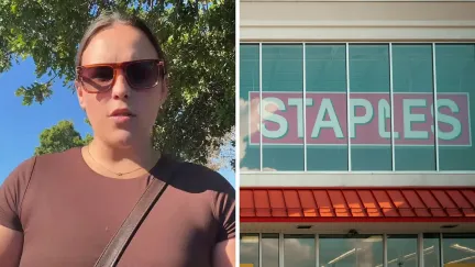 woman shares public issue (l) staples storefront (r)