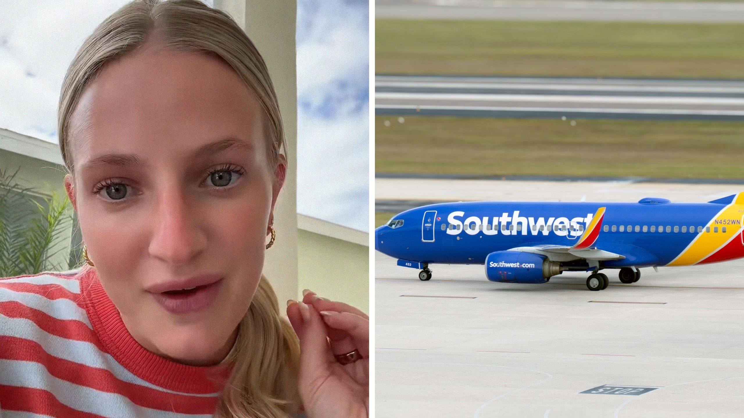 woman shares traveling issue (l) Southwest airlines aircraft (r)