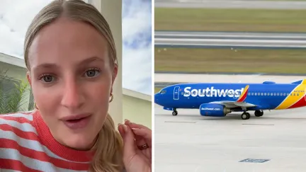 woman shares traveling issue (l) Southwest airlines aircraft (r)