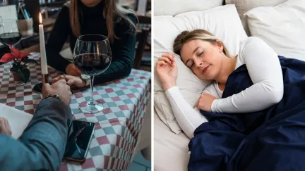 woman shares date experience (l) woman goes to sleep (r)