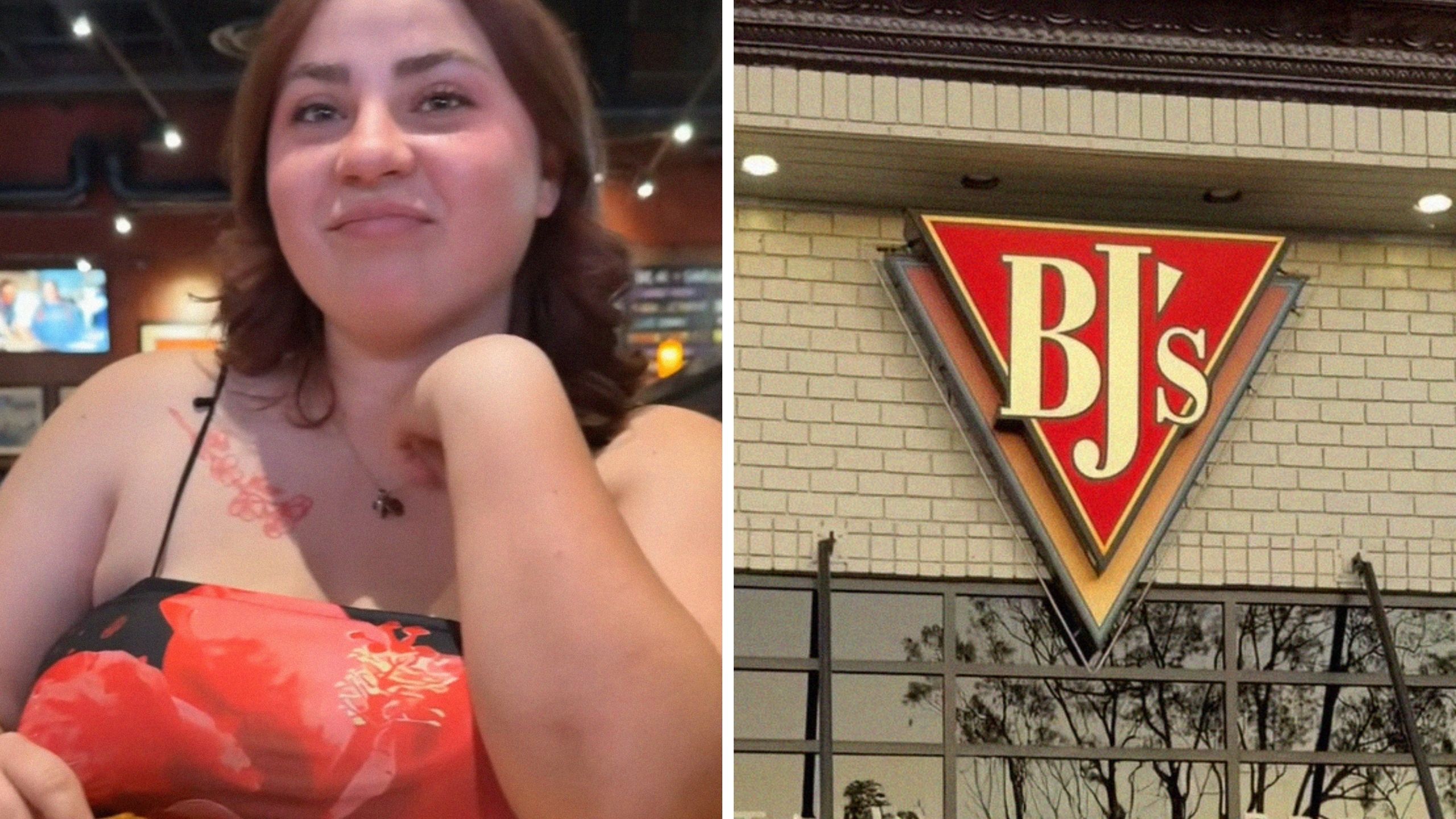 woman shares restaurant experience (l) BJ's restaurant (r)