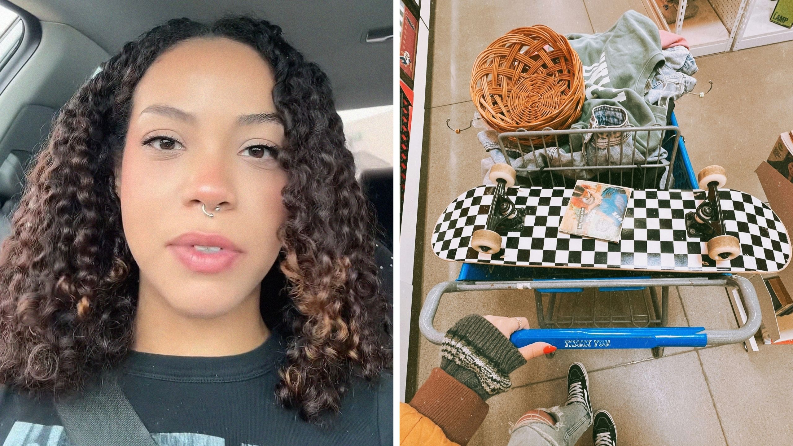 woman shares shopping experience (l) woman with cart full of items (r)