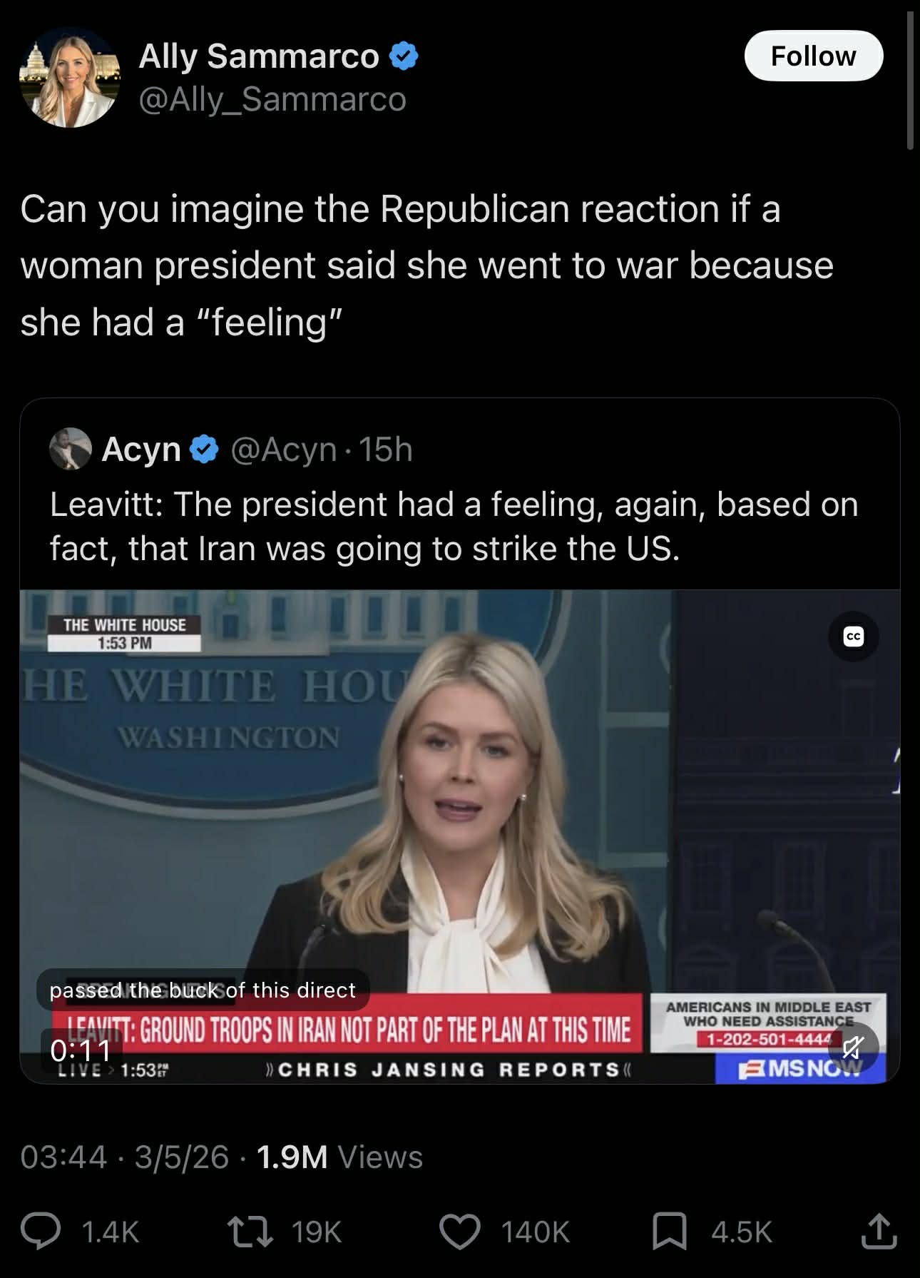 X user criticizes Karoline Leavitt defending Trump's decision to bomb Iran based on feelings