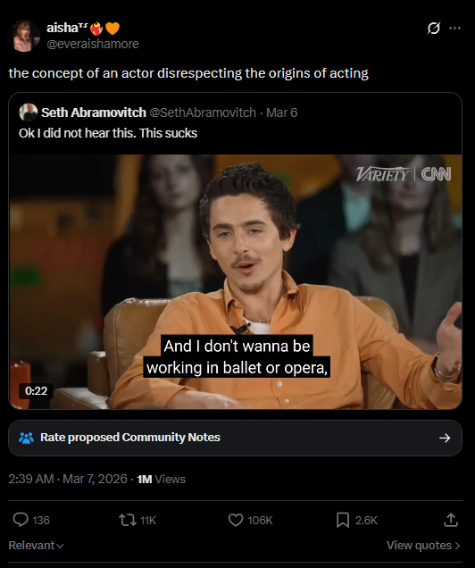 X user criticizes Timothee Chalamet for dissing on ballet