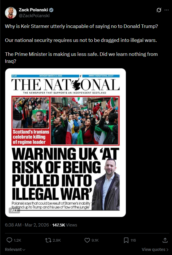 Zack Polanski from the Green Party disapproves of Keir Starmer over US-Iran war