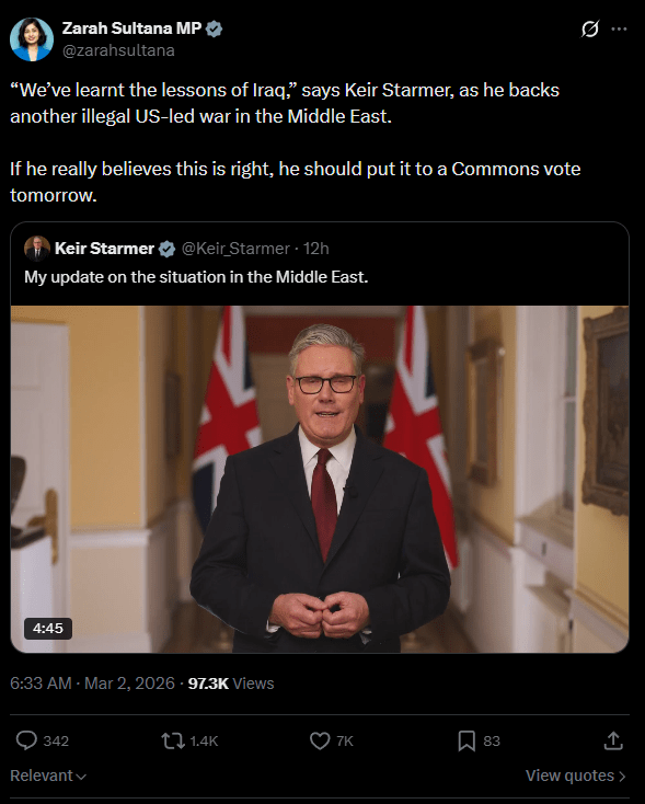 Zarah Sultana condemns party-mate Keir Starmer for US support on Iran