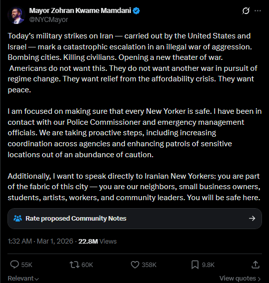 Zohran Mamdani condemns Trump for attacking Iran over X