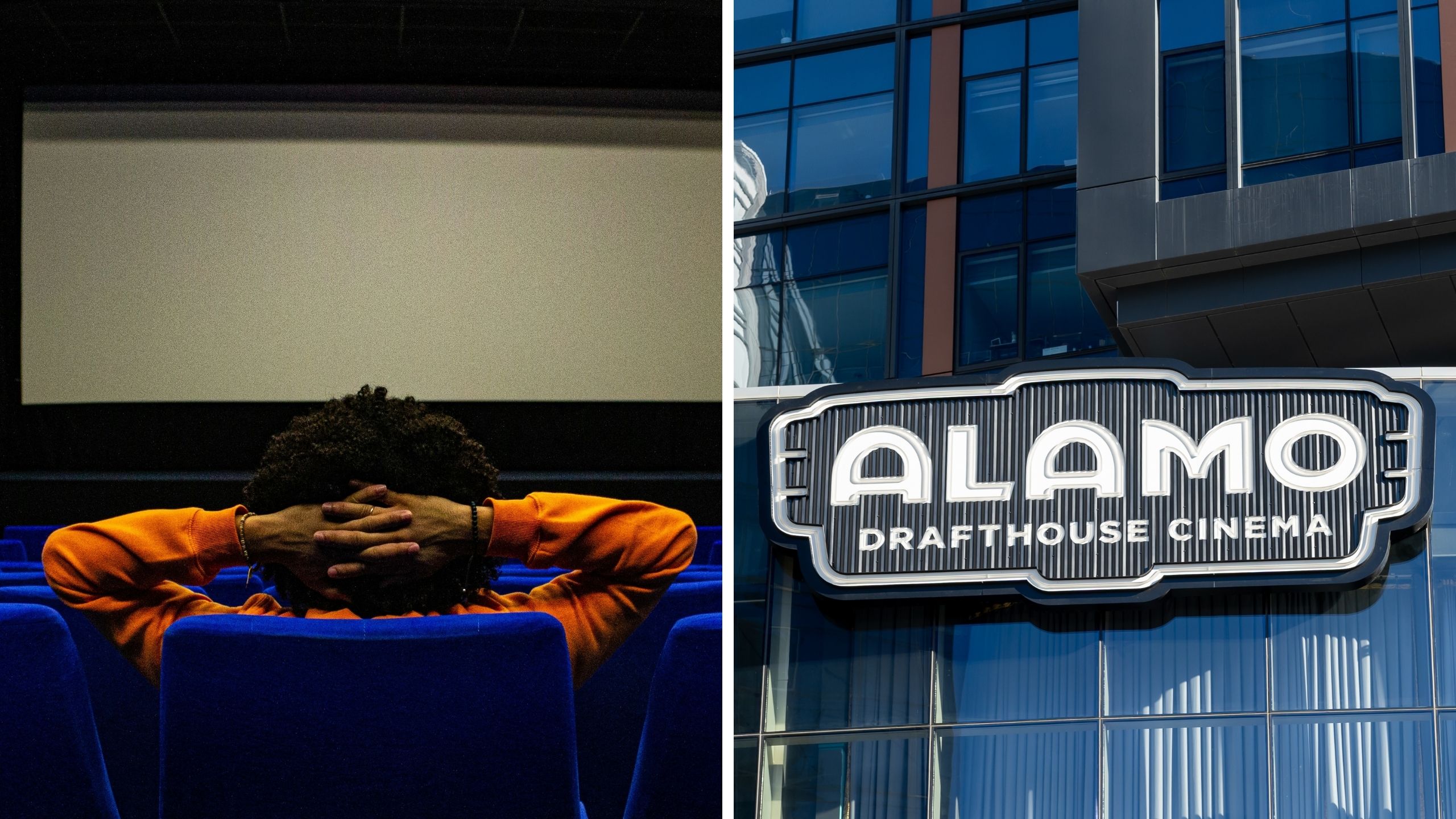 person at the movies (l) Alamo Draft House entrance (r)