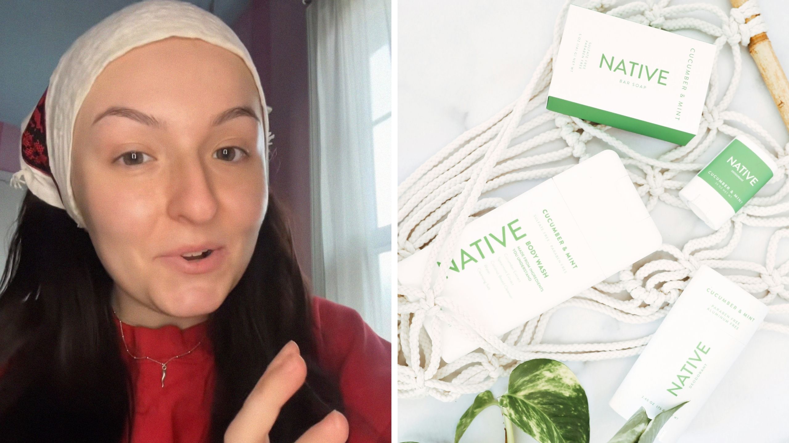woman shares product issues (l) native brand products (r)