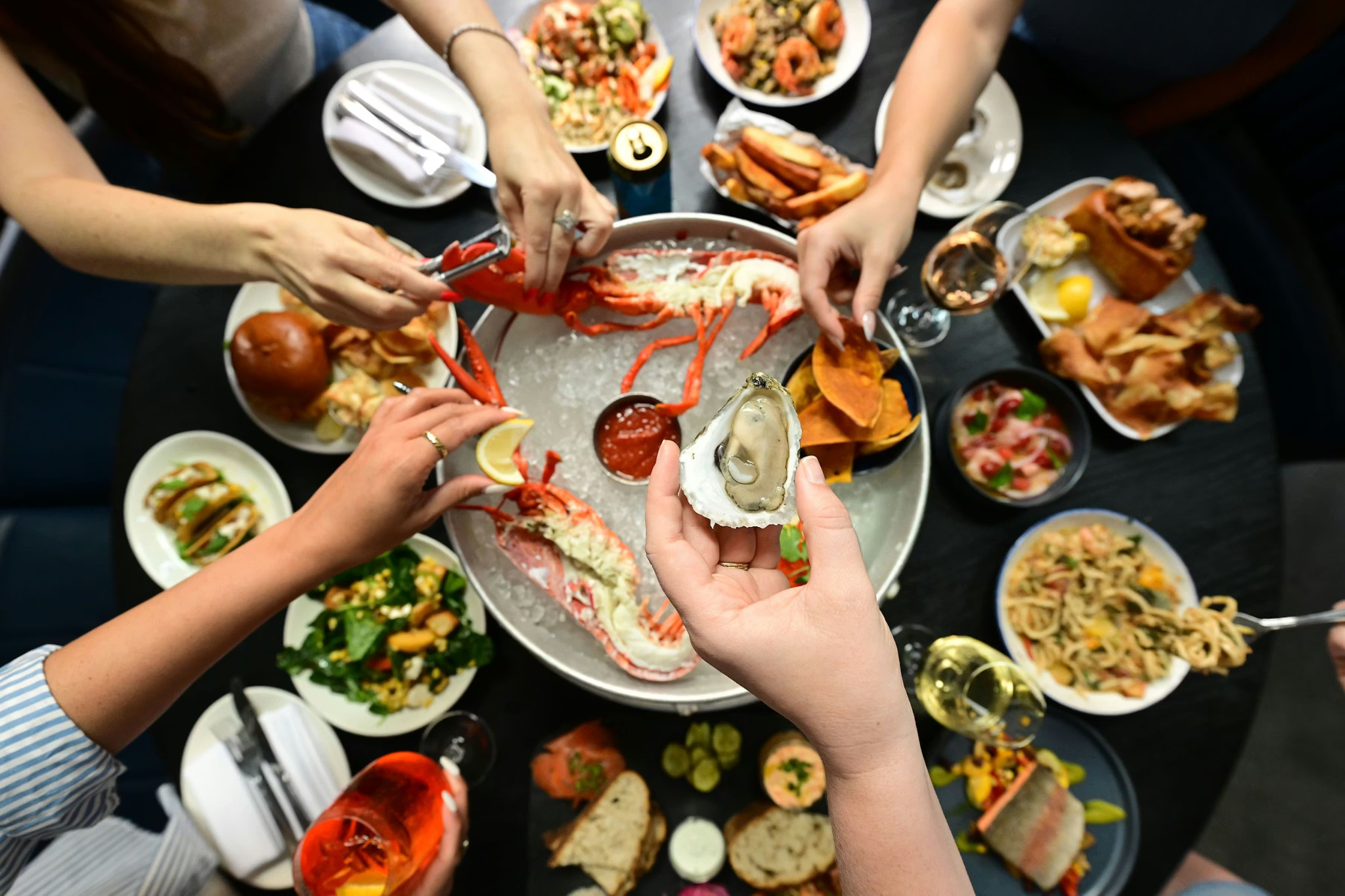 Row 34's seafood spread inclduing lobster.