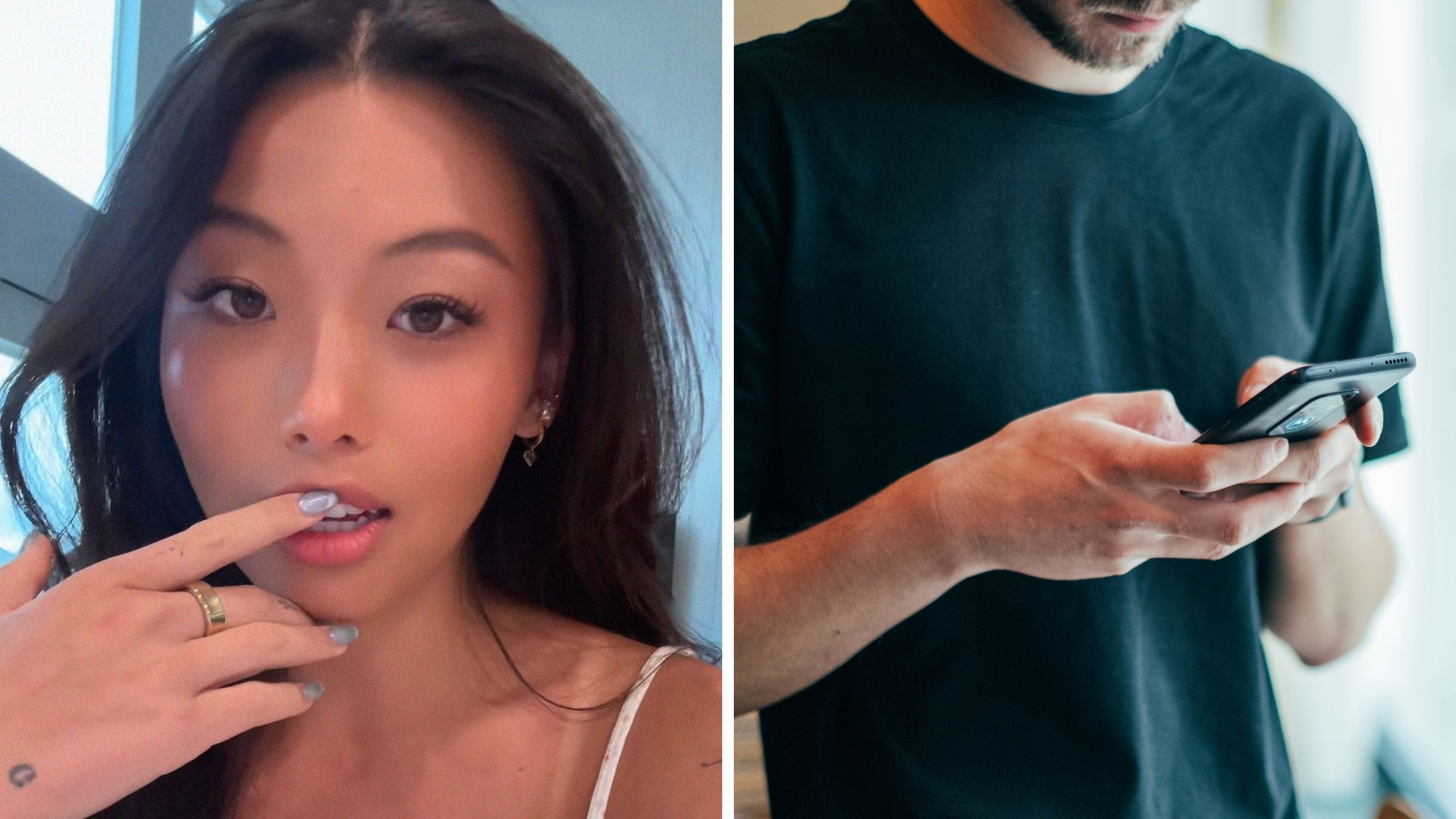 woman shows text messages with guy (l) guy sends woman a DM and asks her on a date (r)